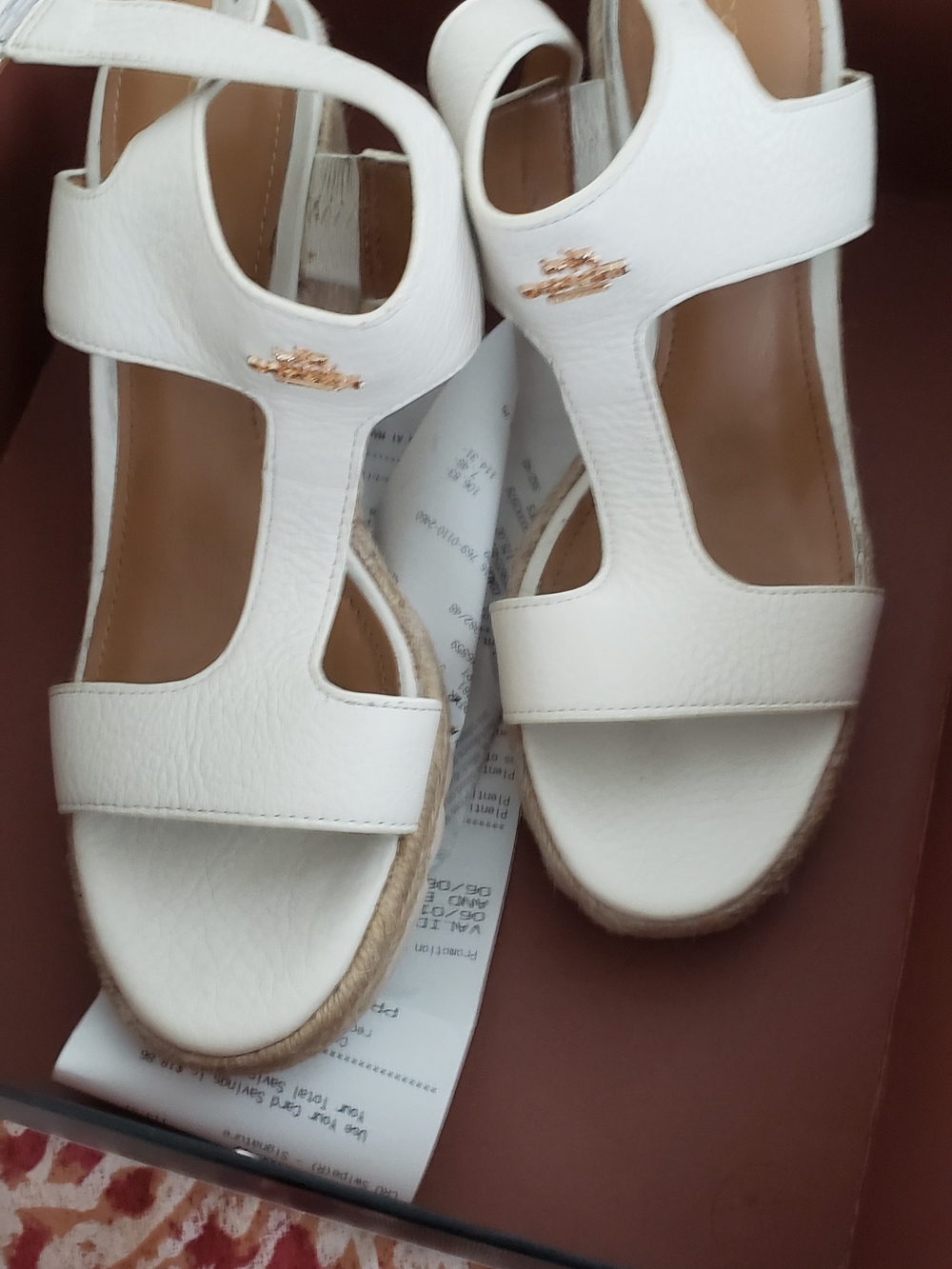 Coach White Leather T-Strap Wedge Sandals with Gold Logo Accent